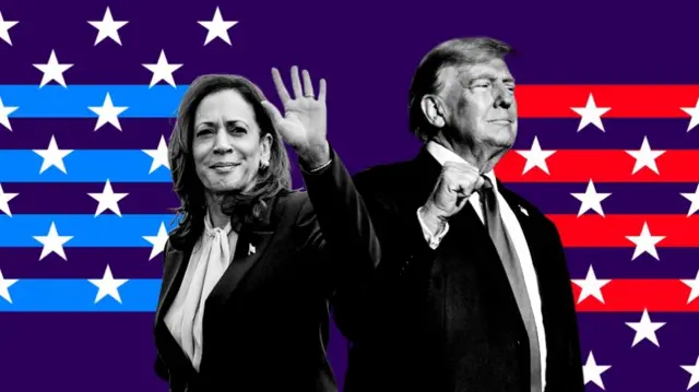 A composite image showing Kamala Harris and Donald Trump