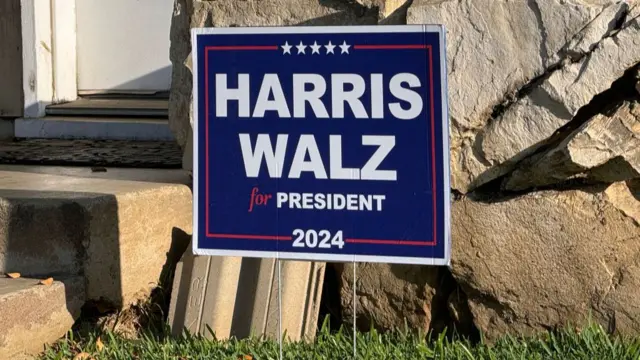 A Harris-Walz sign is stuck in the ground