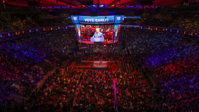 Former US President and Republican presidential candidate Donald Trump speaks during a rally at Madison Square Garden in New York, New York, USA, 27 October 2024. Trump is facing US Vice President and Democratic presidential candidate Kamala Harris in the upcoming election on 05 November 2024.