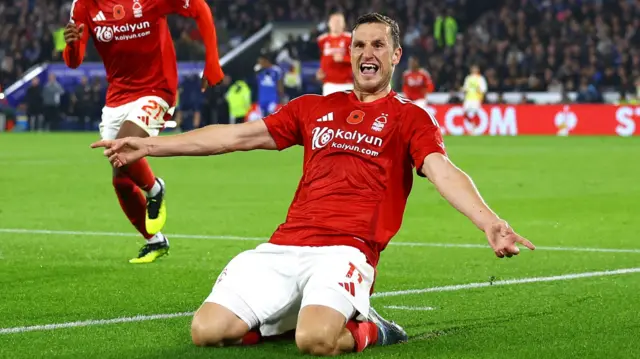 Chris Wood celebrates scoring for Nottingham Forest at Leicester