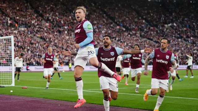 Jarrod Bowen celebrates scoring for West Ham against Manchester United