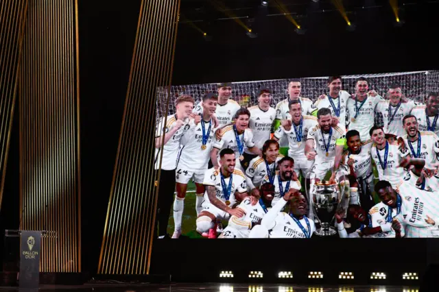 Real Madrid's receives the Best Men's Club of the Year trophy during the 2024 Ballon d'Or France Football award ceremony