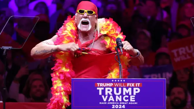 Former professional wrestler Hulk Hogan tears off his shirt on stage before speaking during a rally held for former US President and Republican presidential candidate Donald Trump, at Madison Square Garden in New York, New York, USA, 27 October 2024.