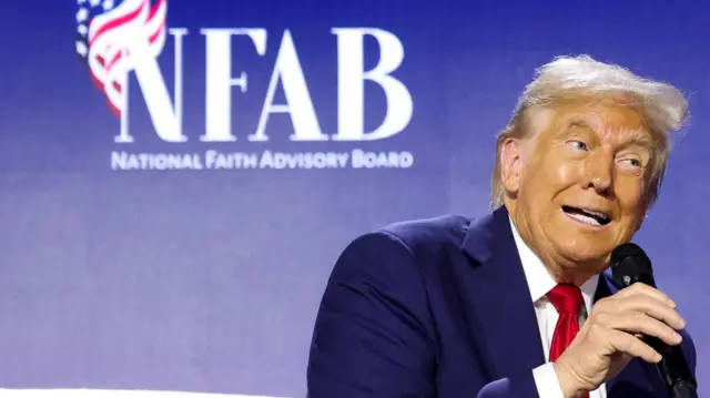 Former U.S. President Donald Trump is pictured participating in a moderated Q&A with Pastor Paula White (not pictured), at the National Faith Advisory Summit, in Powder Springs, Georgia, U.S