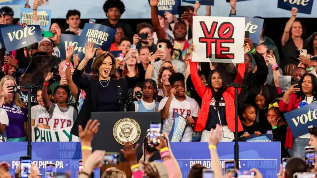 Democratic presidential nominee U.S. Vice President Kamala Harris gives a speech during a campaign rally at The Alan Horwitz "Sixth Man" Center, in Philadelphia, Pennsylvania, U.S. October 27, 2024.