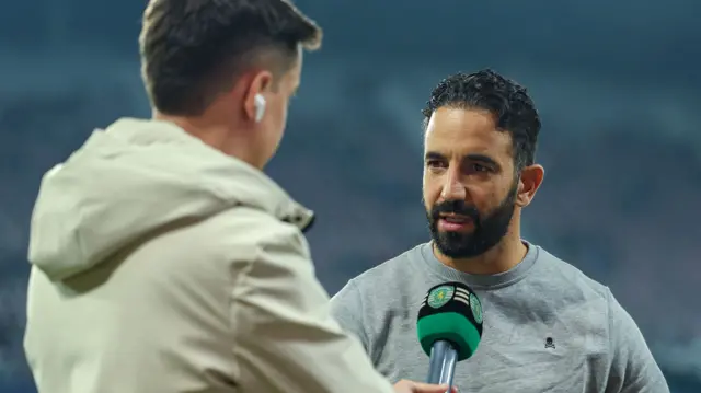 Sporting Lisbon coach Ruben Amorim speaking to a reporter