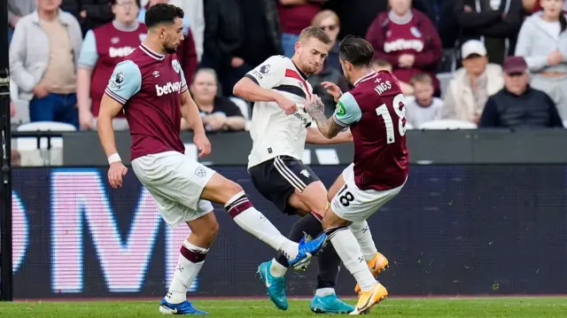 Matthijs de Ligt collides with Danny Ings during West Ham's win over Manchester United, which was awarded as a penalty