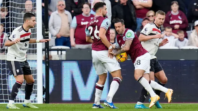 Matthijs de Ligt collides with Danny Ings during West Ham's win over Manchester United, which was awarded as a penalty