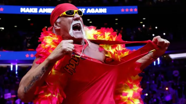 Wrestling legend Hulk Hogan on stage at a campaign rally for Donald Trump at Madison Square Garden in New York City. Hogan is tearing his red shirt. Referring to comments from Trump's longest-serving chief of staff John Kelly last week, Hogan said "I don't see no stinkin' Nazis in here. I don't see no stinkin' domestic terrorists in here. The only thing I see in here are a bunch of hardworking men and women that are real Americans, brother."