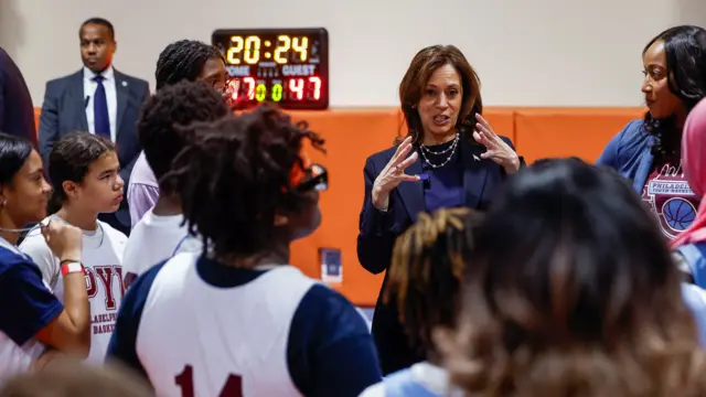 Democratic presidential nominee U.S. Vice President Kamala Harris gestures during the Harris-Walz campaign community event at The Alan Horwitz "Sixth Man" Center, a youth basketball facility, as she campaigns in Philadelphia, Pennsylvania, U.S. October 27, 2024.