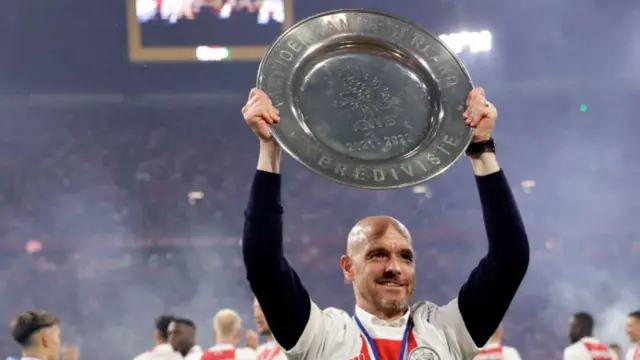 Erik Ten Hag celebrating winning the Eredivisie with Ajax in 2021-22.