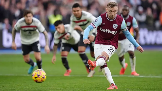 Jarrod Bowen scores a penalty for West Ham against Manchester United