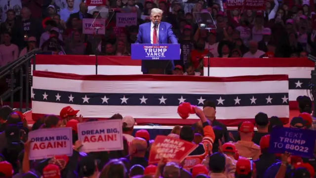 Donald Trump appears in New York at a rally. There are people the crowd holding up signs cheering for him.