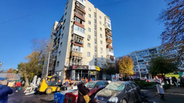 An apartment building is damaged in Kyiv after a drone strike 29 October 2024