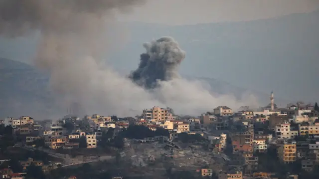 Plumes of smoke visible over Khiam in southern Lebanon