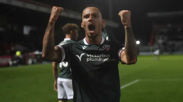 Josh Dacres-Cogley celebrates Bolton's 4-1 win over Stevenage