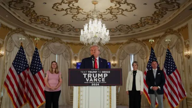 Republican presidential nominee and former U.S. President Donald Trump delivers "Trump Will Fix It" remarks during a press conference at Mar-a-Lago, in Palm Beach, Florida