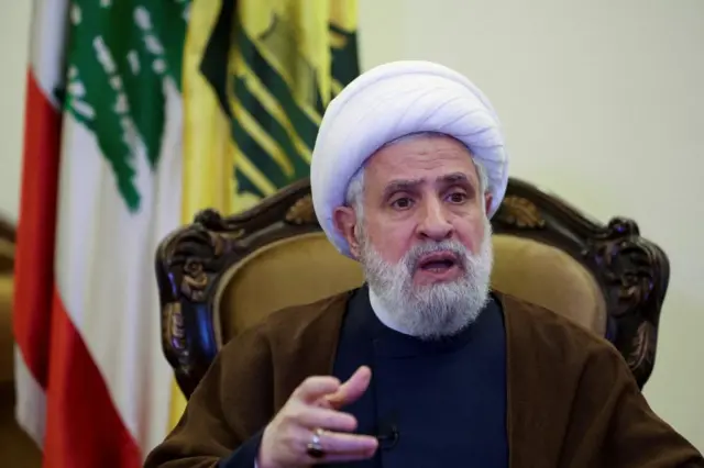 Lebanon's Hezbollah deputy leader Sheikh Naim Qassem speaks during an interview in Beirut's suburbs on June 6, 2022.