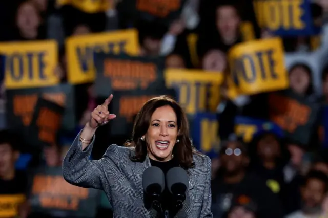 Vice President Kamala Harris speaks during a campaign rally in Ann Arbor, Michigan, US