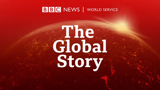 A BBC branding poster with the words The Global Story in the middle in front of a red earth. The BBC World Service logo is above it