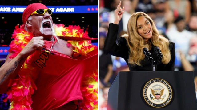 A split image with Hulk Hogan on the left side tearing open his red singlet and Beyonce on the right side standing with an arm raised while speaking in front of a podium