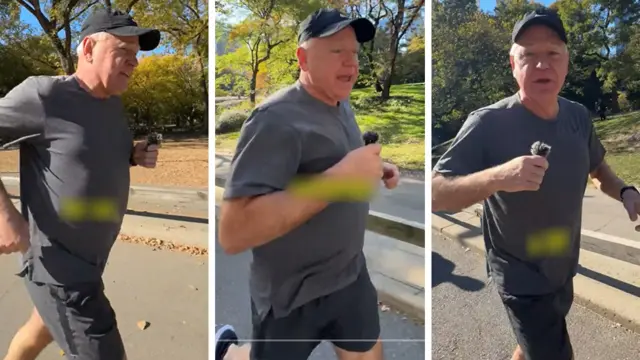 Three vertical photos of Tim Walz running in central park