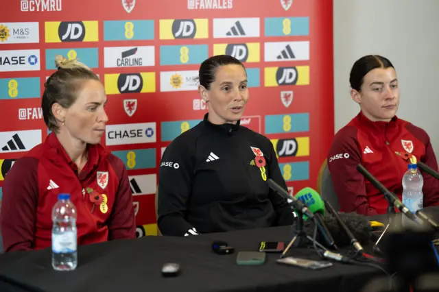 Jess Fishlock, Rhian Wilkinson and Angharad James speak to the media