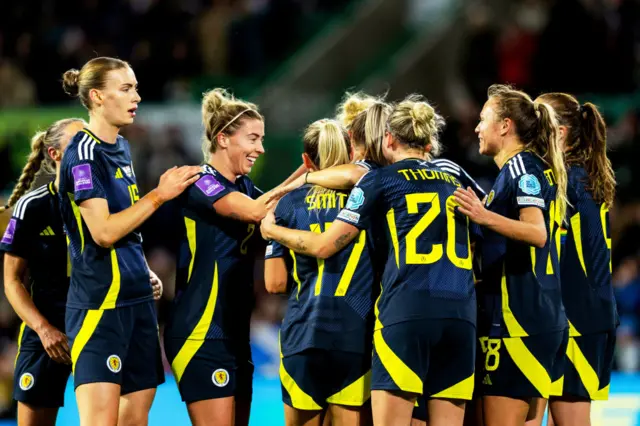 Scotland’s Sam Kerr celebrates taking the lead with her teammates