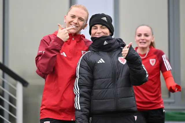 Jess Fishlock and Ceri Holland at Wales training on Monday