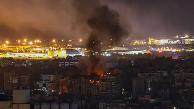 Smoke and flames rise after Israeli airstrikes hit buildings in Dahiyeh neighborhood in the southern suburb of Beirut,