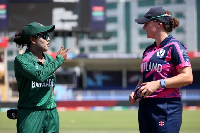 Nigar Sultana and Kathryn Bryce chat before the toss