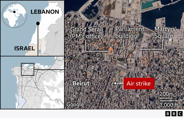 Map of air strike in central Beirut with local landmarks labelled