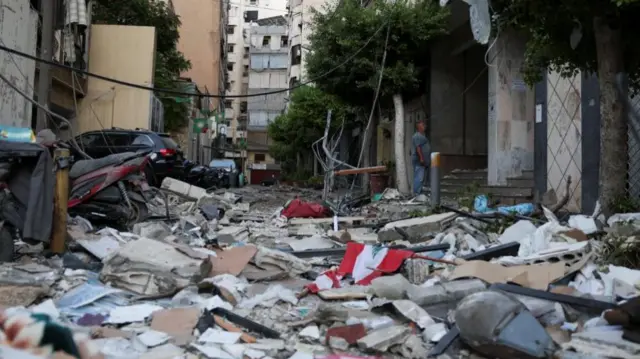 Street strewn with rubble in central Beirut