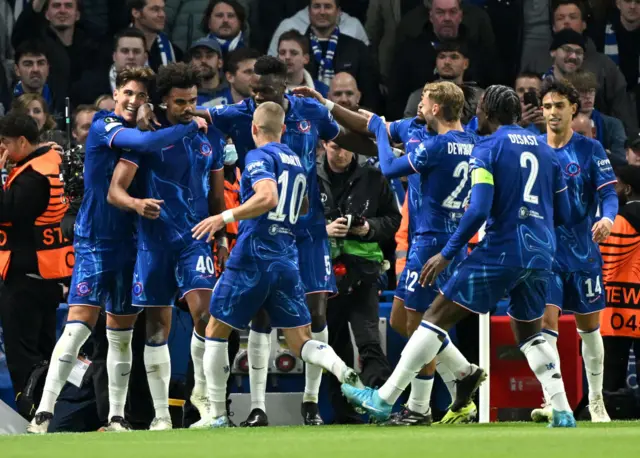 Chelsea players congregate to celebrate