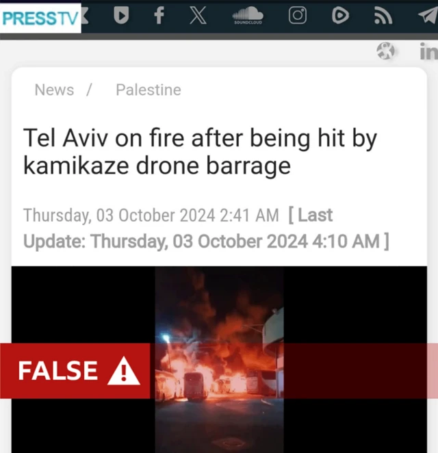 A screenshot of a news article showing a video of a bus on fire with the word 'false' over it