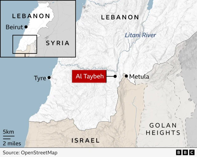 Map of southern Lebanon showing the village of Al Taybeh, which sits just below the Litani River and close to the Israeli border