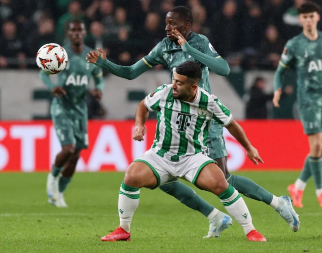 Tottenham Hotspur's Pape Matar Sarr in action with Ferencvaros' Mohammad Abu Fani