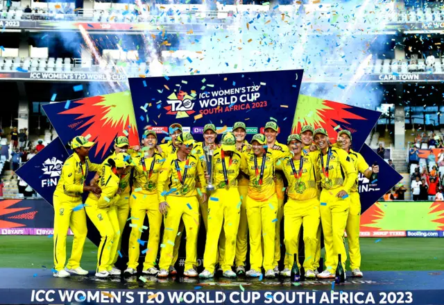 Australia celebrate winning the 2023 Women's T20 World Cup