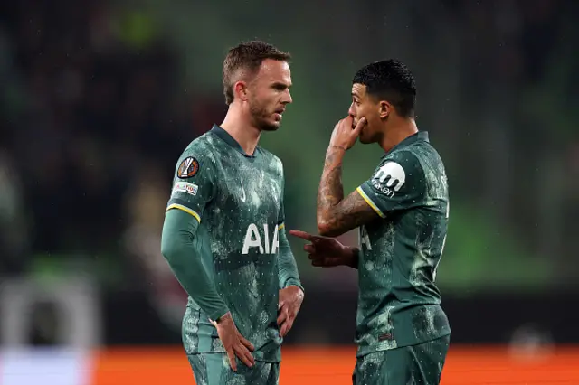 James Maddison and Pedro Porro of Tottenham Hotspur speak