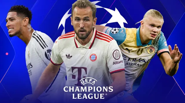 Champions League graphic featuring Jude Bellingham, Harry Kane and Erling Haaland