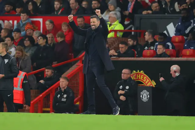 Ruud van Nistelrooy, interim manager of Manchester United, celebrates