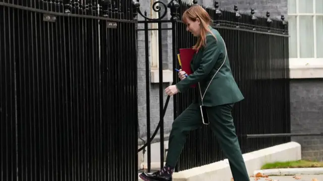 Angela Rayner walks up the stairs at the front of No 10