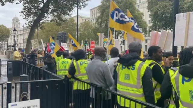 The PCS Trade union protesting by the Downing Street gates