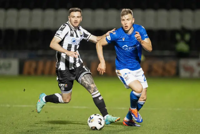 PAISLEY, SCOTLAND - OCTOBER 30: St Mirren's Greg Kiltie and St Johnstone's Sven Sprangler in action during a William Hill Premiership match between St Mirren and St Johnstone at the SMiSA Stadium, on October 30, 2024, in Paisley, Scotland. (Photo by Paul Byars / SNS Group)