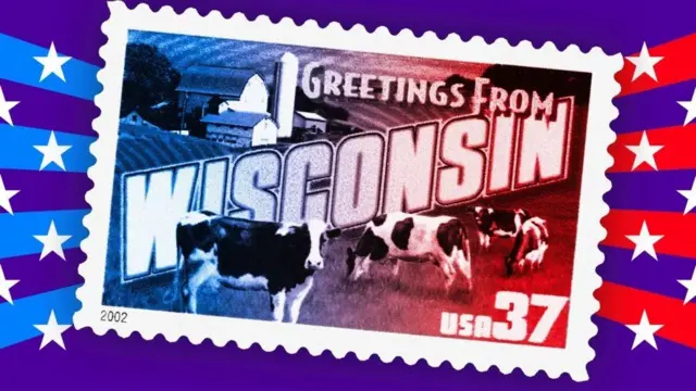 An image of a blue and red-tinted Wisconsin postage stamp over a purple background with white stars and blue and red stripes. The stamp features a farm with cows in a pasture with an inscription that reads 'Greetings from Wisconsin