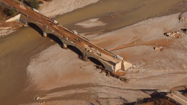 Aerial image showing a damaged bridge