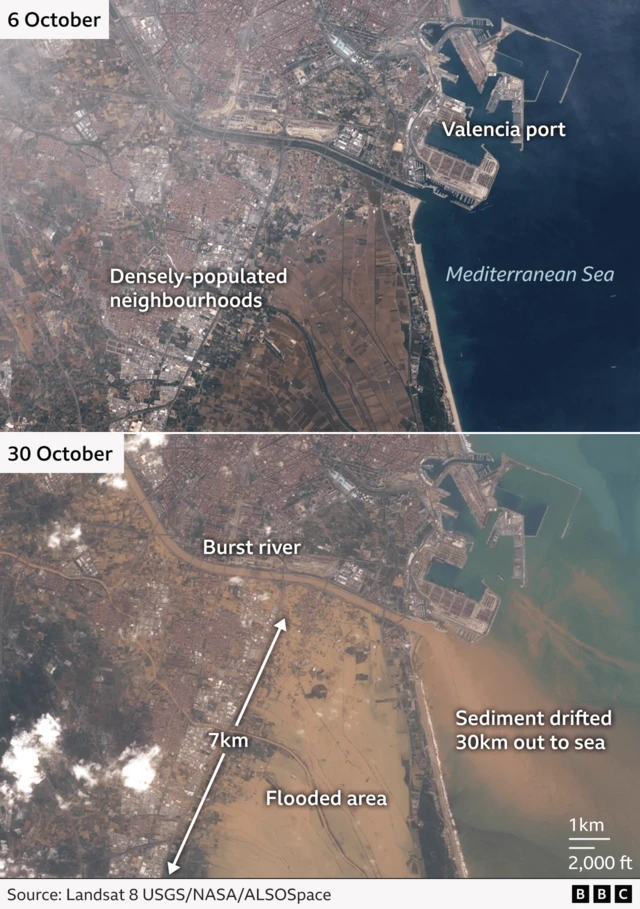 Satellite image showing the same area of Valencia on 6 and 30 October. In the second, sediment clouds the sea.