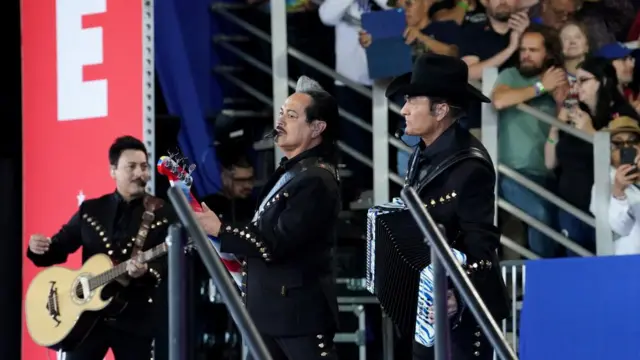 The band Los Tigres del Norte perform at Democratic presidential nominee U.S. Vice President Kamala Harris' rally in Phoenix, Arizona