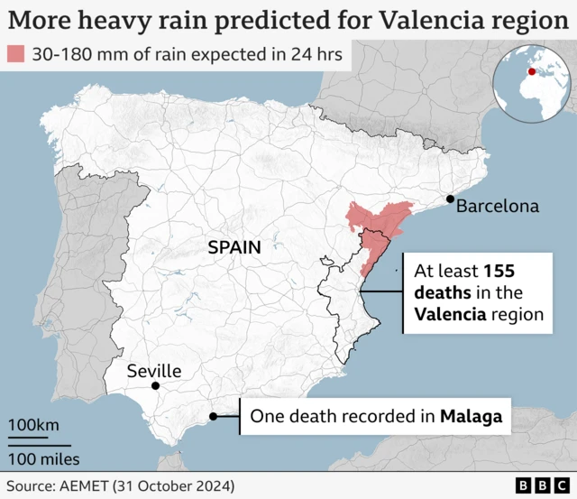 Map showing areas hit by rain in Spain