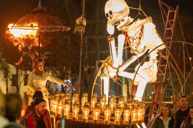 A illuminated skeleton at derry halloween festival